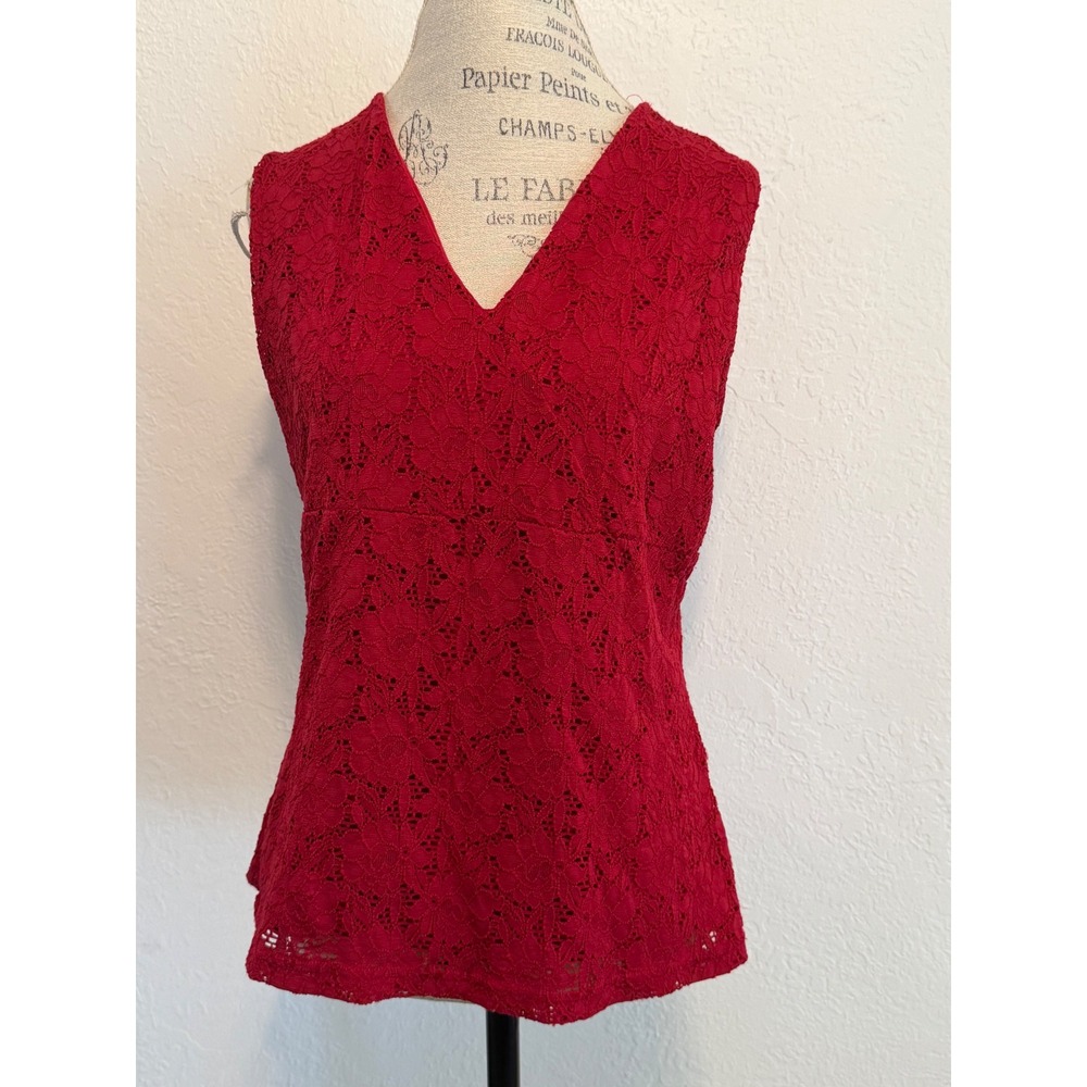 Croft & Barrow Womens Red Floral Lace V-Neck Sleeveless Stretch Top Large
